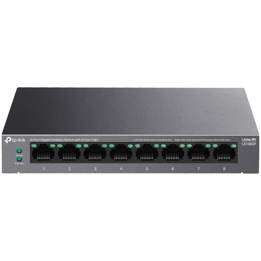 TP-Link LS108GP 8-Port Gigabit Desktop Switch with 8-Port PoE+, 8x Gigabit PoE+ Ports, 62 W PoE Power, Desktop Steel Case, Extend Mode for 250m PoE Transmitting, PoE Auto Recovery, Plug and P