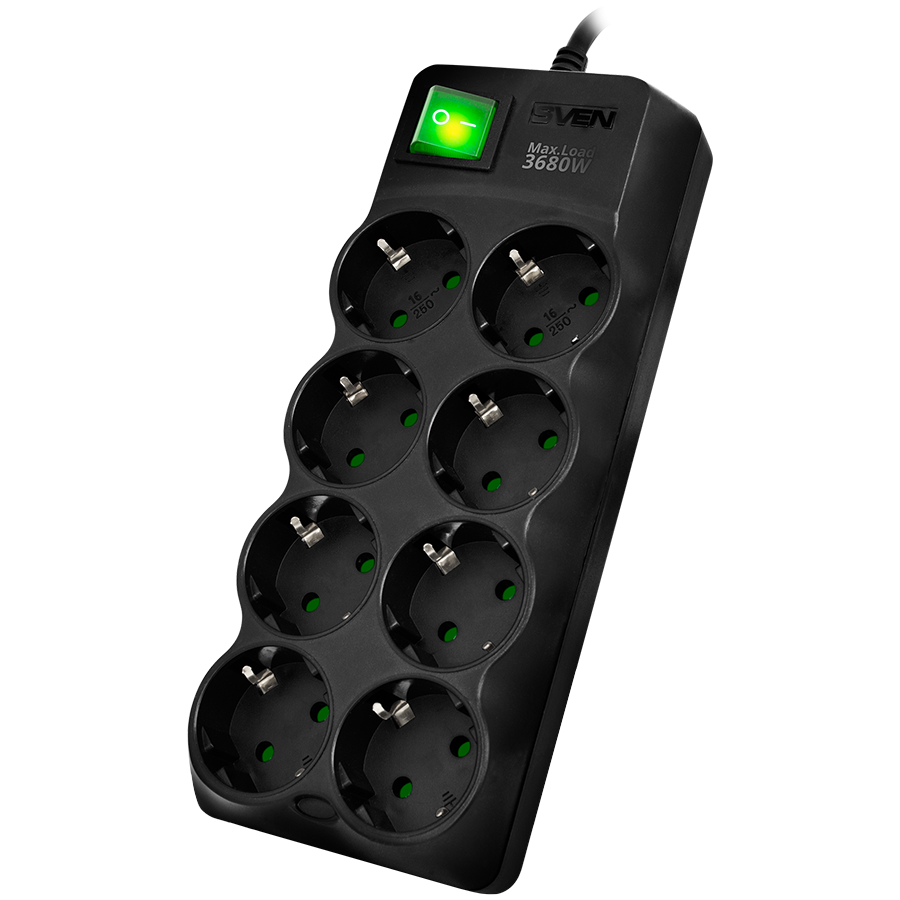 Surge Protector SVEN  SF-08E-16 1,8 m, 16A, 3.6kW, (8 sockets with children protection), black
