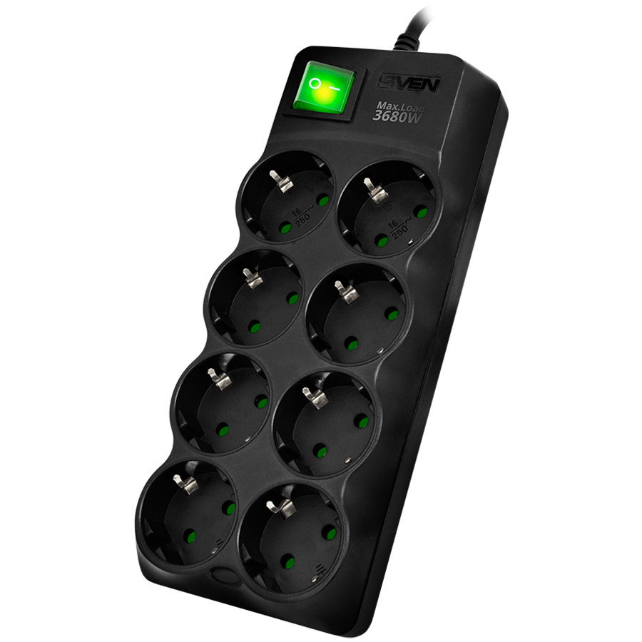Surge Protector SVEN  SF-08E-16 5,0 m, 16A, 3.6kW, (8 sockets with children protection), black