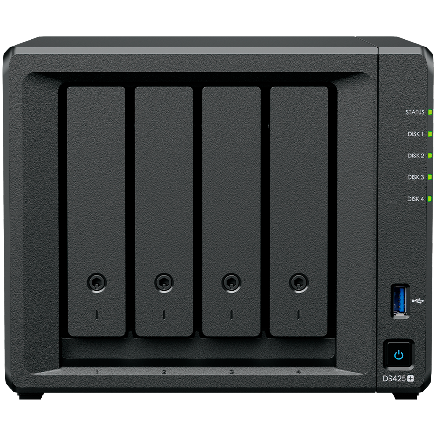 Synology DiskStation DS425+ Tower, 4-Bays 3.5'' SATA HDD/SSD, 2 x M.2 2280 NVMe SSD slot, CPU Intel Celeron J4125  4-core 2.0 GHz, 2 GB DDR4 non-ECC SODIMM, 1x RJ-45 2.5 GbE LAN, 1x RJ-45 1GbE LAN Port; 2x USB 3.2;  2.18 kg; 3yr warranty