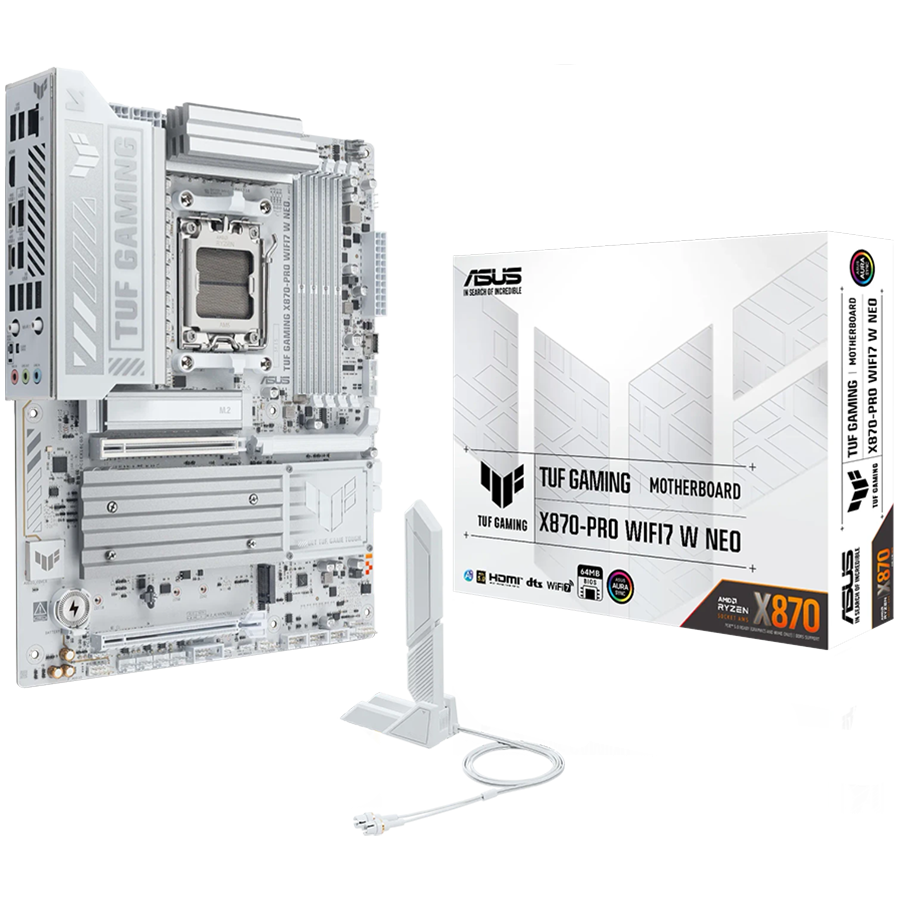 ASUS TUF GAMING X870-PRO WIFI7 W NEO AM5 ATX osnovna plošča - AMD X870, 4xDDR5, 4xM.2, 2xSATA, 5Gb LAN, WiFi 7, BT, 1xHDMI, 2xUSB4 40Gbps porta (USB Type-C), Aura Sync