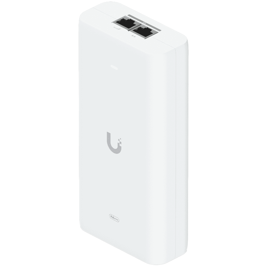 Ubiquiti UniFi 10G PoE+++ Adapter (90W), can power UniFi PoE+++ devices, reduce dependency on PoE switch power, and provide a Multi-Gigabit LAN connection, Contains RJ45 data input, AC cable with earth ground, and PoE+++ output