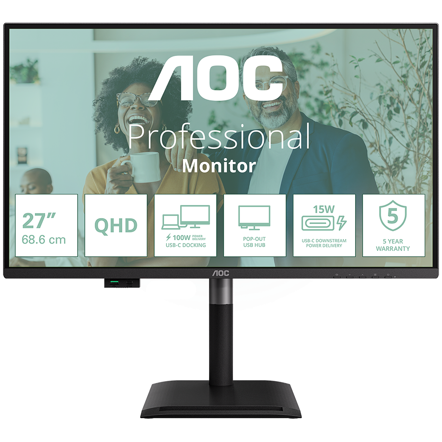 AOC Q27P4CV poslovni monitor - 68.6cm (27"), QHD (2560 x 1440), IPS, 120Hz, 4ms (GtG), Adaptive Sync, HDR, USB razdelilnik, RJ45, 1x HDMI, 1x DP, 1x USB-C (PD 90W, DP Alt način), 5 let garancije