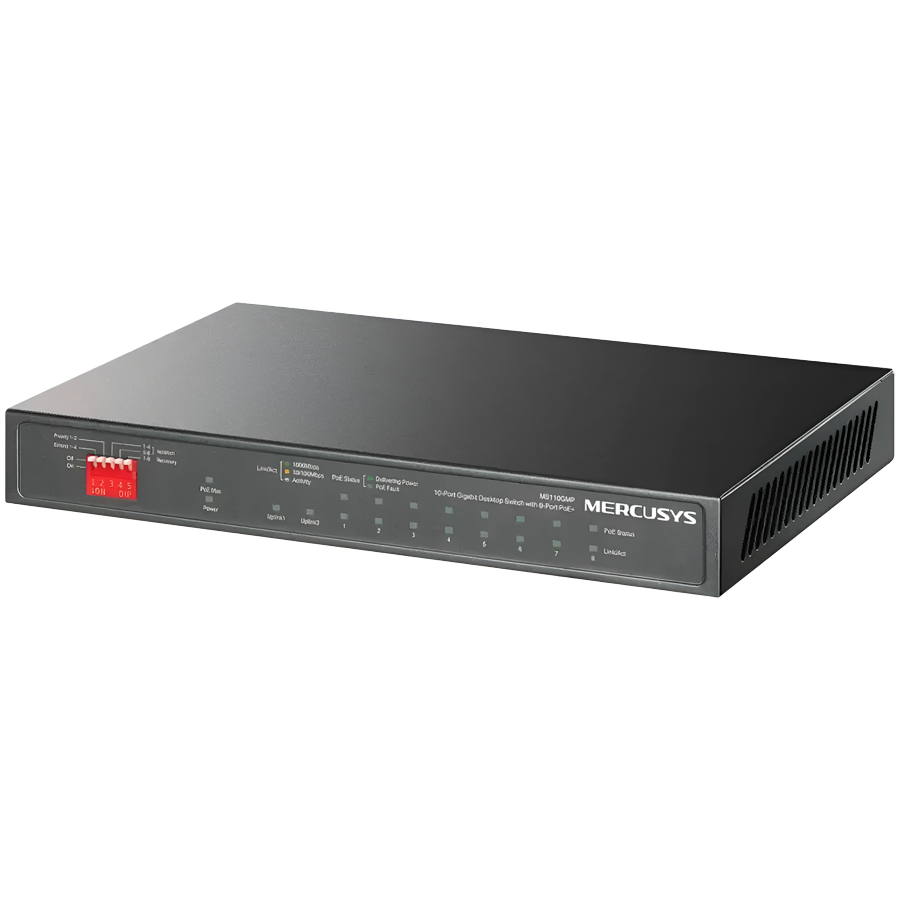 Mercusys MS112GMP 12-Port Gigabit Desktop Switch with 8-Port PoE+,  8x G PoE+ Ports, 2x G Non-PoE Ports, 2x G SFP Slots, 110 W PoE Power, Desktop Steel Case, Wall Mounting,  Extend Mode for 2