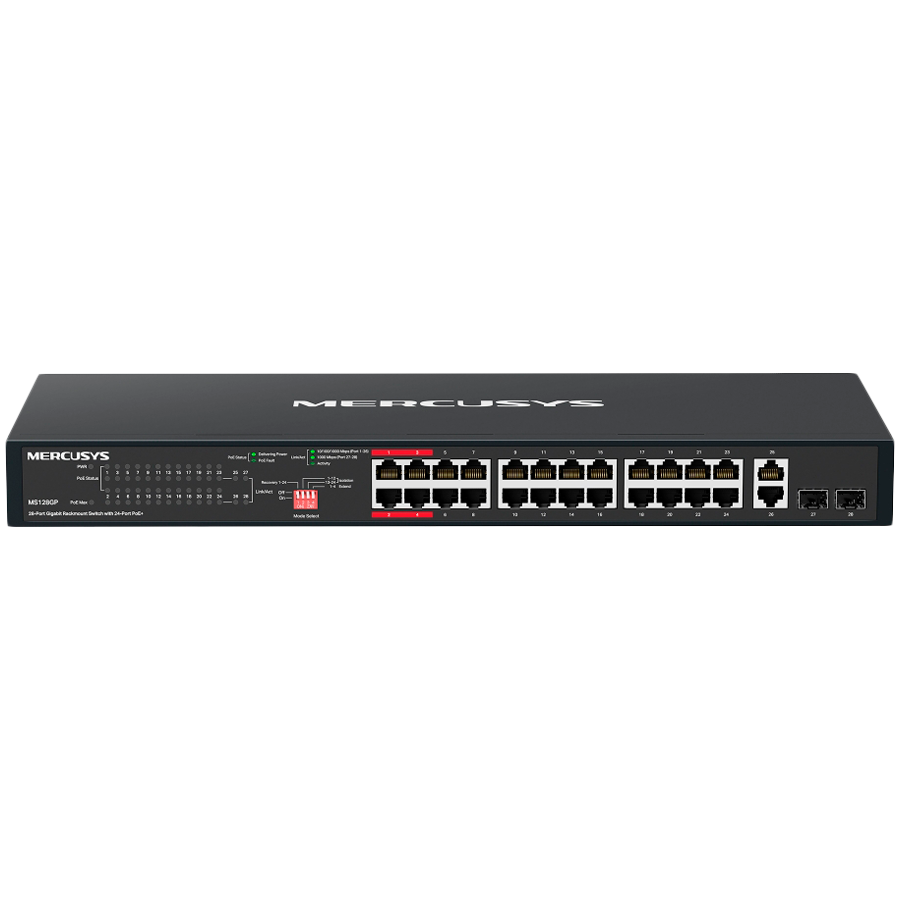 Mercusys MS128GP 28-Port Gigabit Rackmount Switch with 24-Port PoE+, 24x Gigabit PoE+ Ports, 2x Gigabit Non-PoE Ports, and 2x Gigabit SFP Slots, 295 W PoE Power, Rackmountable Steel Case, Ext