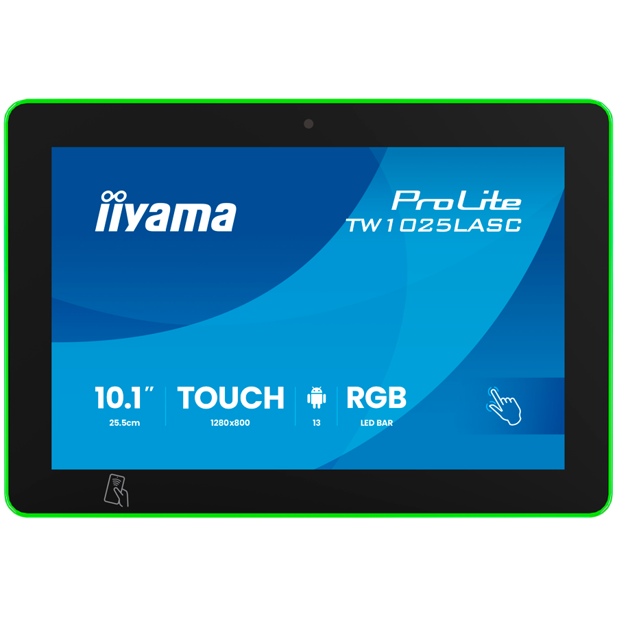 IIYAMA 10,1" RGB LED-Lightbar Panel-PC with Android 13+GMS, SOC Quad-core RK3568 4GB, Storage 32GB, PCAP 10-Points Touch, 1280x800, 390cd/m2, IPS panel, Speakers, Mic, Camera 5MP, NFC, RFID, LAN-POE, WIFI6, BT5.2, SD Slot, 450cd/m2, Cable cover, iiSi