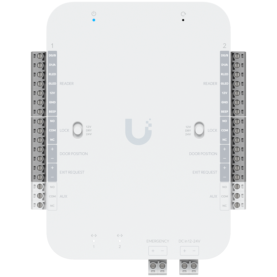 Ubiquiti UA-Retrofit-Hub-2 DC-powered hub that supports Wiegand and OSDP readers and provides entry and exit control for up to two doors