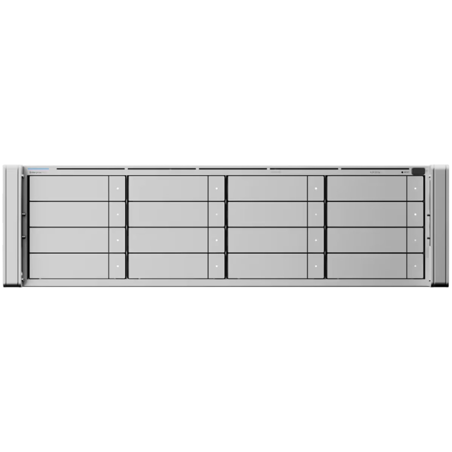 Ubiquiti UniFi ENAS-EU 3U rack-mount NAS with sixteen 3.5"/2.5" SATA bays, dual 25 Gbps SFP28 and 10 GbE RJ45 ports, hot-swappable M.2 NVMe support, front magnetic I/O, Mini-SAS HD expansion, and redundant CRPS power for scalable
