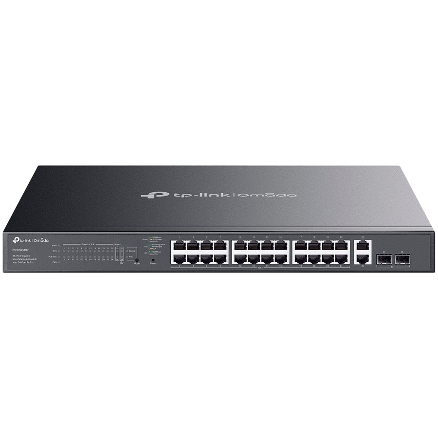 TP-Link ES228GMP Omada 28-Port Gigabit Easy Managed Switch with 24-Port PoE+, 24x Gigabit PoE+ Ports, 2x Gigabit Non-PoE Ports, 2x Gigabit SFP Ports, 384W PoE Power, 1U 19-inch Rack-mountable