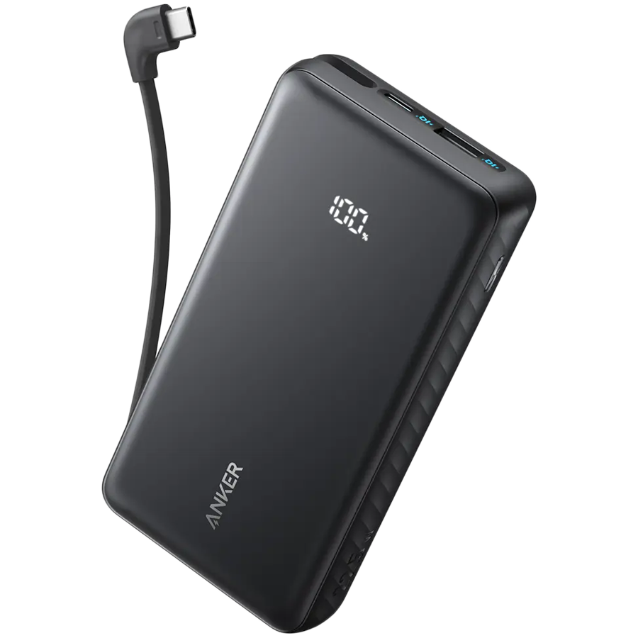 Anker Zolo Power Bank (20K, 22.5W, Built-In USB-C Cable) Black 1x USB-A, 2x USB-C