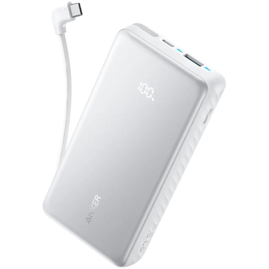 Anker Zolo Power Bank (20K, 22.5W, Built-In USB-C Cable) White 1x USB-A, 2x USB-C
