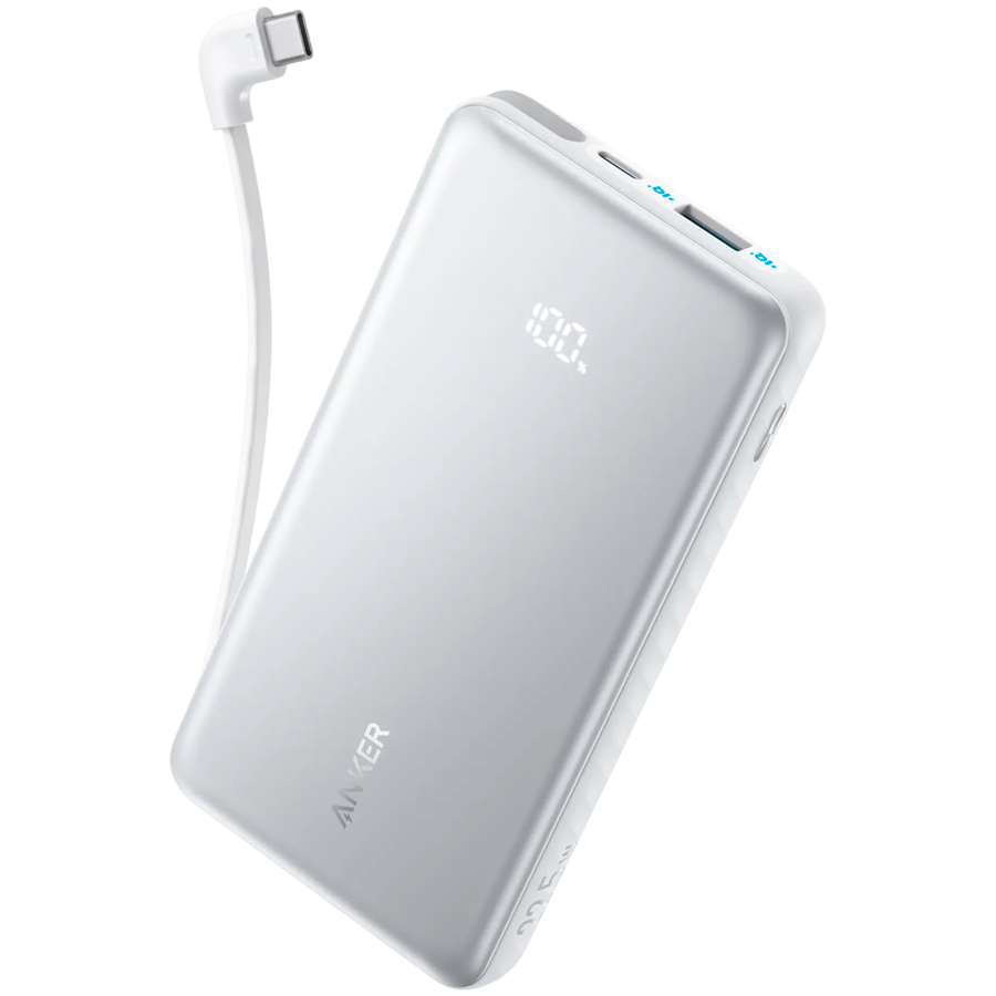 Anker Zolo Power Bank (10K, 22.5W, Built-In USB-C Cable) White, 1x USB-Cable, 1x USB-C Port, 1x USB-A Port