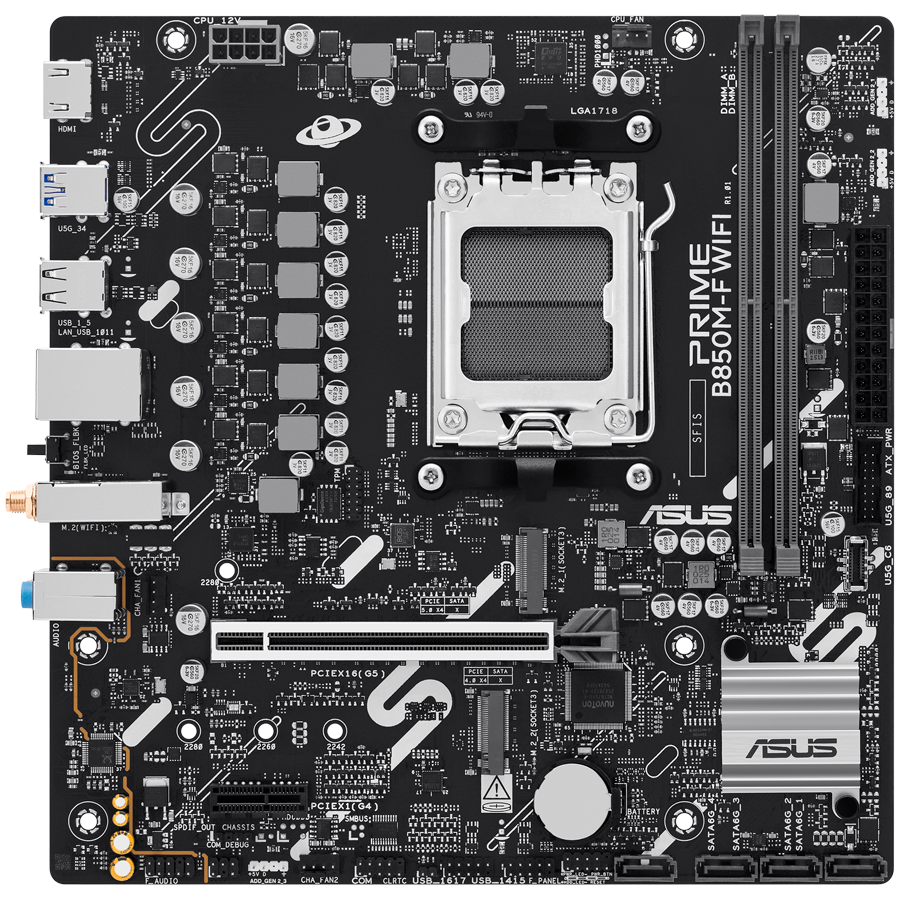 ASUS PRIME B850M-F WIFI AM5 mATX osnovna plošča - AMD B850, 2xDDR5, 2xM.2, 4xSATA. 1Gb LAN, 1xHDMI, WiFi 6, BT, Aura Sync