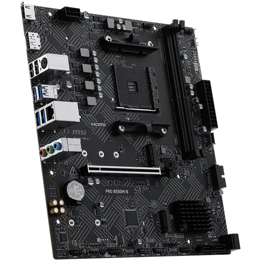 MSI PRO B550M-B, M-ATX, Socket AM4, 2 DIMM, Dual Channel DDR4 up to 4600+(OC)MHz, 1x PCIe 4.0 x16 slot, 2x M.2 slots, 4x USB 3.2 Gen 1, 2x USB 2.0, 1x HDMI,1x DP, 1G LAN, 7.1 Audio, 3Y [1]