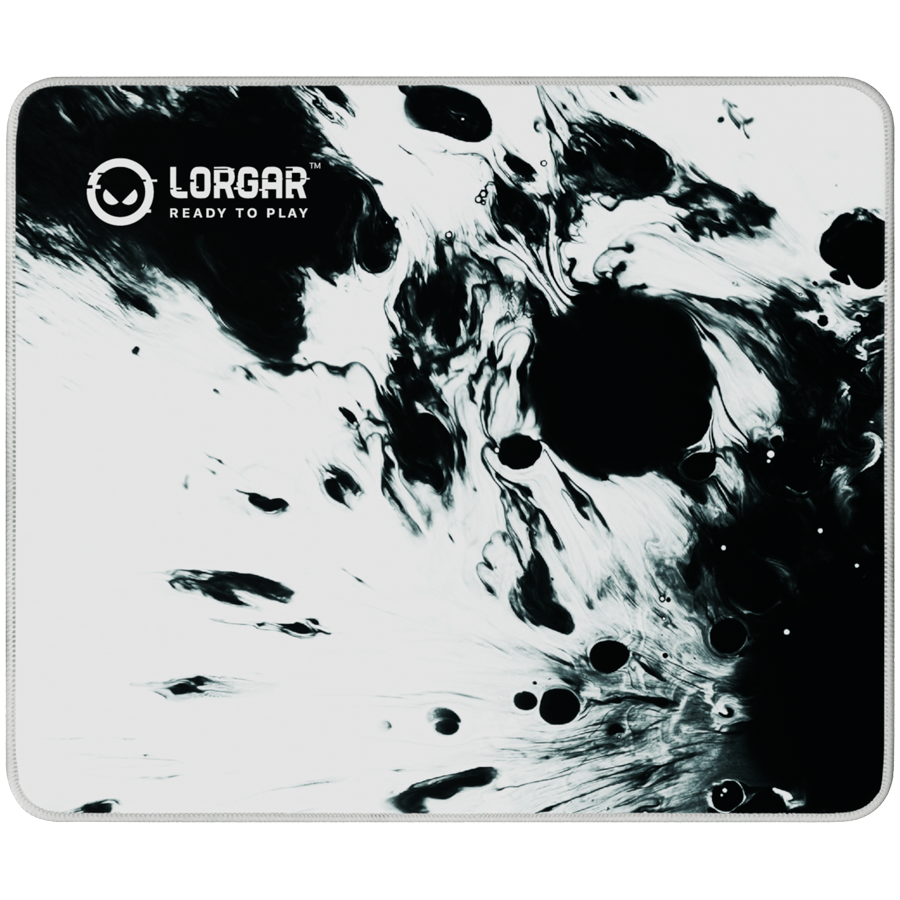 full print white and black design, bottom is black rubber with embossed LORGAR logo with double side edge stitching