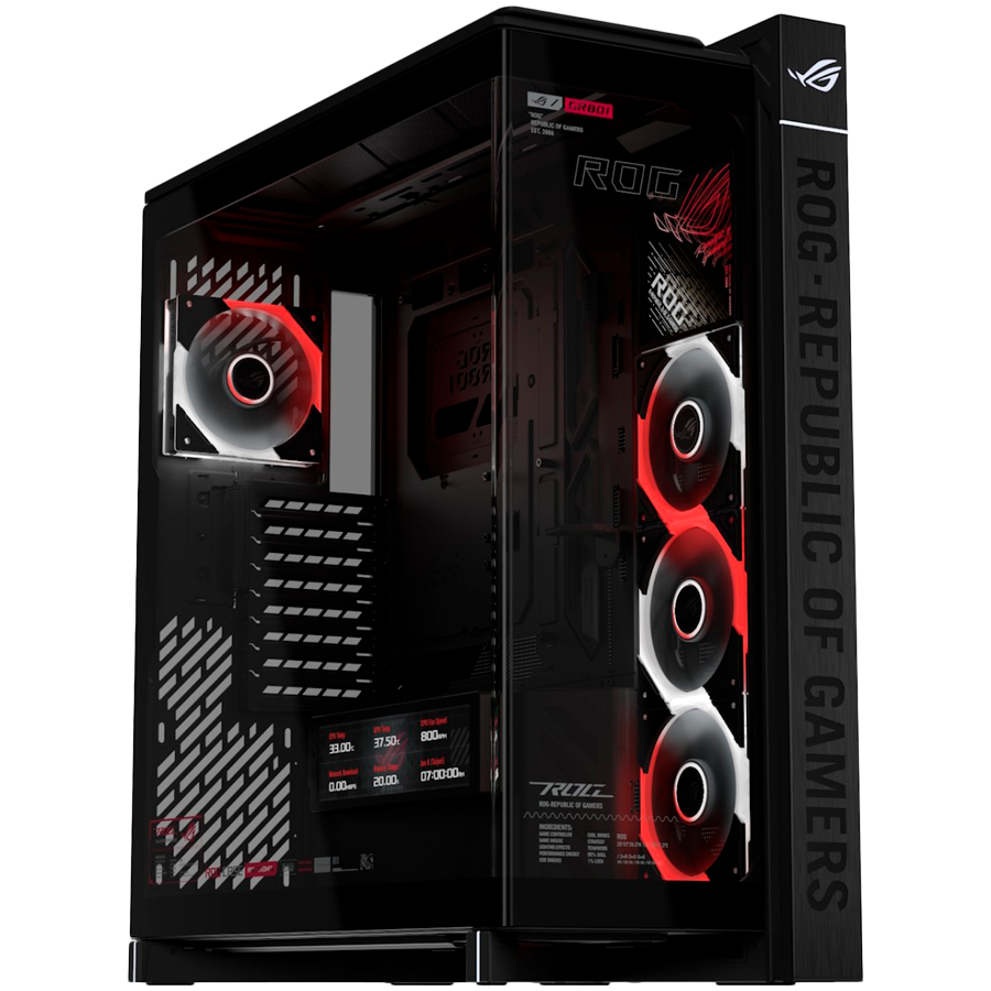 ASUS ROG Cronox GR801 ARGB EATX računalniško ohišje, kaljeno steklo, štirje ARGB ventilatorji, LCD zaslon, podpora za BTF, črno
