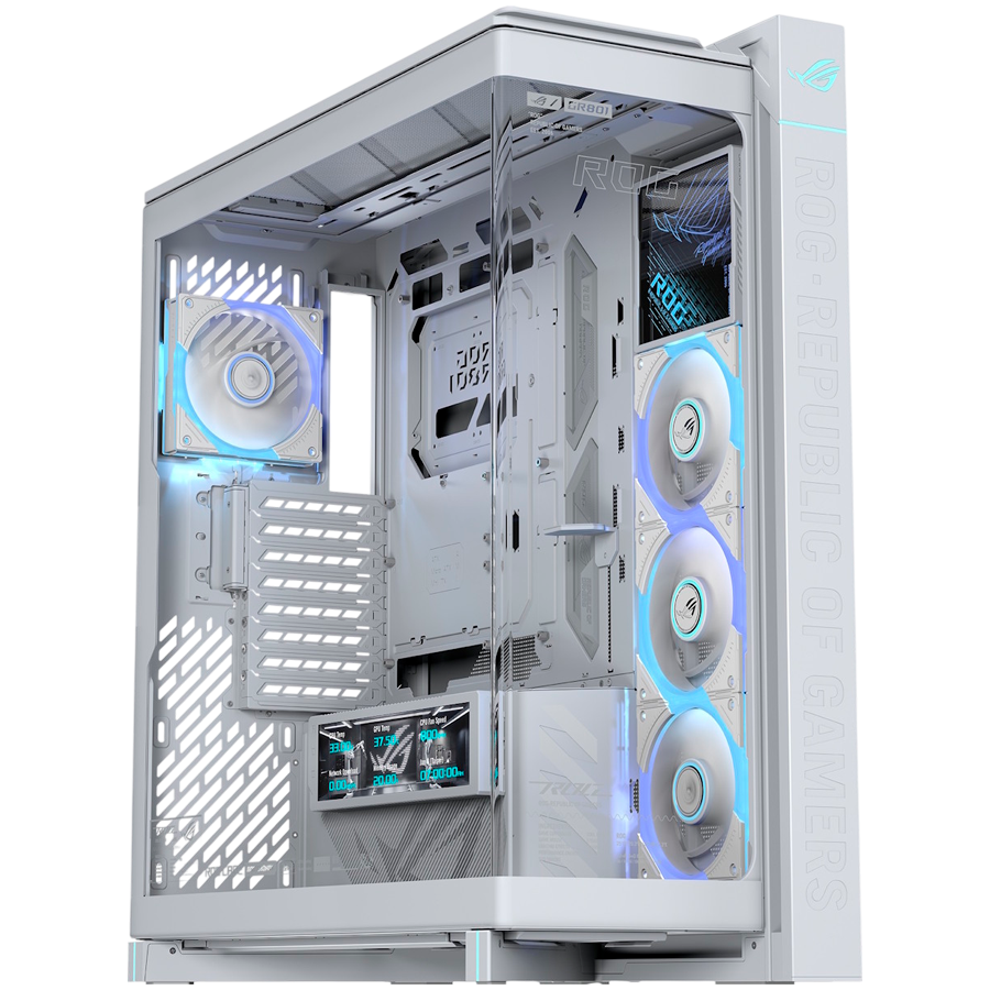 ASUS ROG Cronox GR801 ARGB White Edition EATX računalniško ohišje, kaljeno steklo, štirje ARGB ventilatorji, LCD zaslon, podpora za BTF, belo
