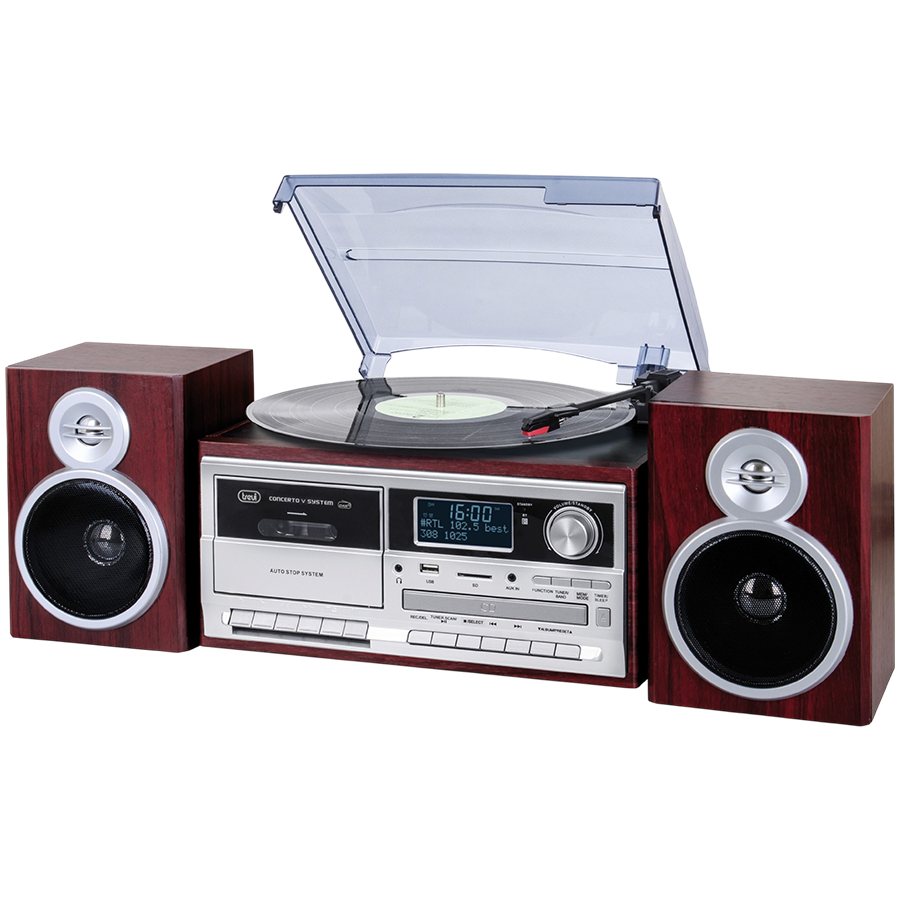 Stereo Turntable System with DAB / DAB + Digital Receiver, Three-speed turntable 33 / 45 / 78 rpm, File reader on USB / SD Card, Cassette player/recorder with hitchhiking, Wireless function, Aux-in input, Headphone jack, Wood colour