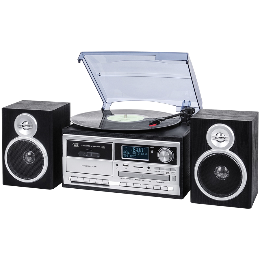 Stereo Turntable System with DAB / DAB + Digital Receiver, Three-speed turntable 33 / 45 / 78 rpm, File reader on USB / SD Card, Cassette player/recorder with hitchhiking, Wireless function, Aux-in input, Headphone jack, Black colour