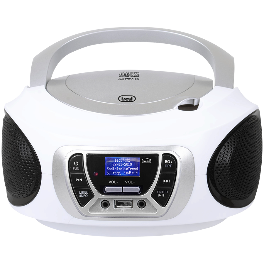 Stereo Portable DAB, CD player in MP3,CD,CD-R/RW format, Digital radio receiver, Wavebands: DAB / DAB+ / FM, FM with RDS function, 30 stations storable in FM, USB input with direct playback of MP3 files, Remote control included, White