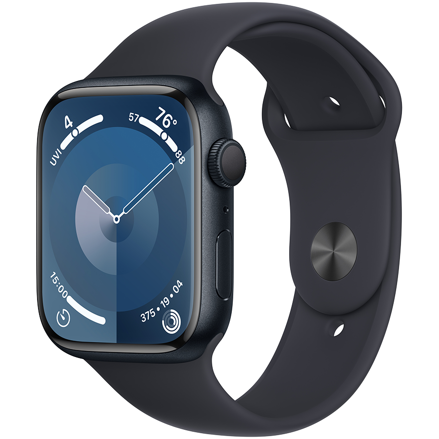 Apple Watch Series 9 GPS, 45мм, Тёмная ночь, Спортивный ремешок цвета «тёмная ночь», M/L — Изображение №1